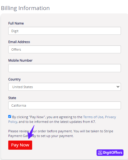 K7 Security Coupon Code Checkout Page