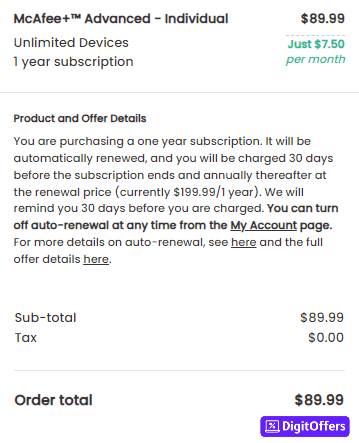 McAfee Order Summary After Direct Discount