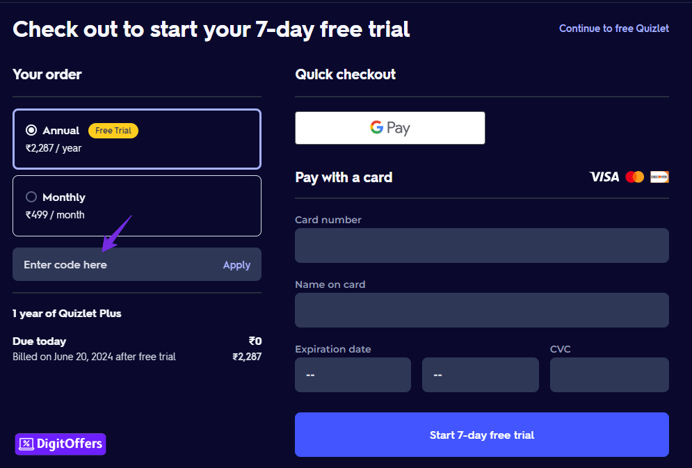 Quizlet Checkout